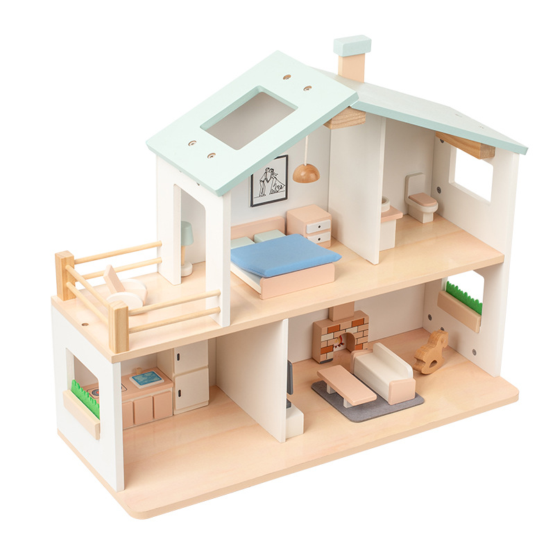 Interactive Wooden Dollhouse for Kids Children's Pretend Play Furniture Baby Simulation Villa Parent-Child Assembly Toy