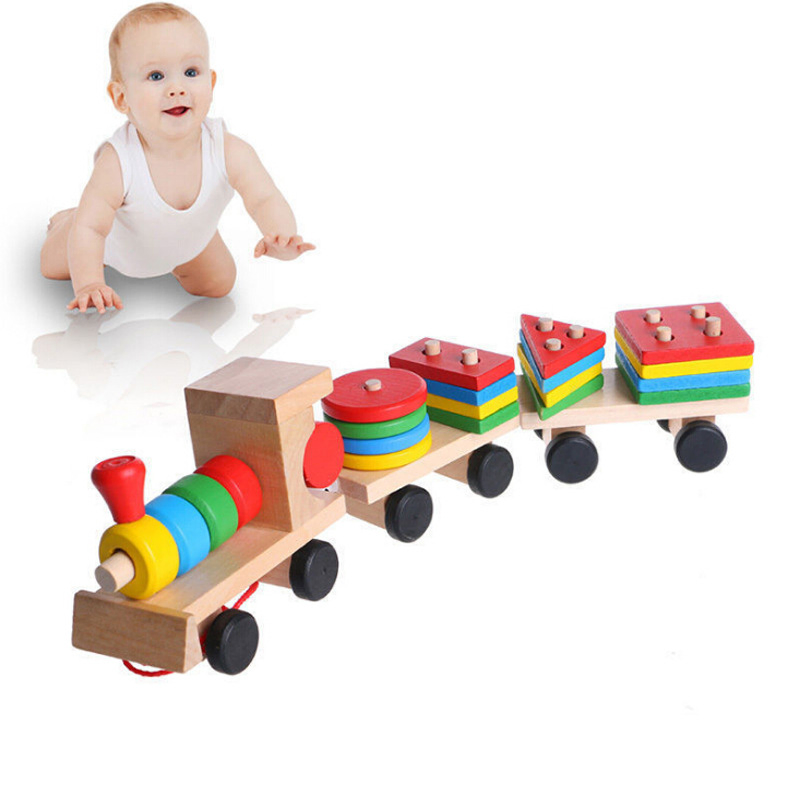 Wooden Small Train Toy Car Three Section Shape Drag Car Toy Children′ S Educational Toys Fun Early Education Building Blocks