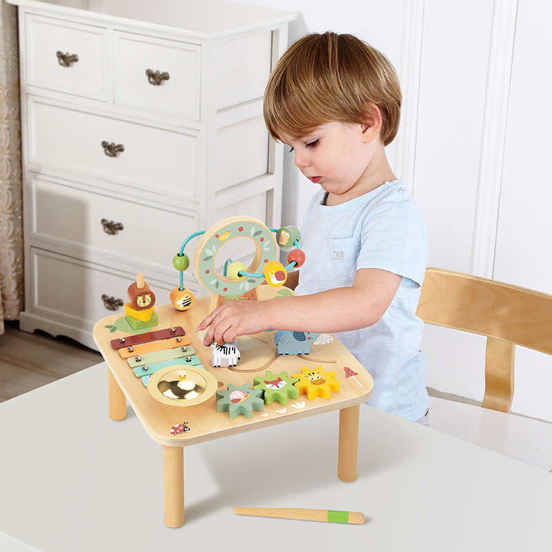 Children's Wooden Activity Table Game Toy Music Beaded Gear Animal Multifunction Table Play Toy