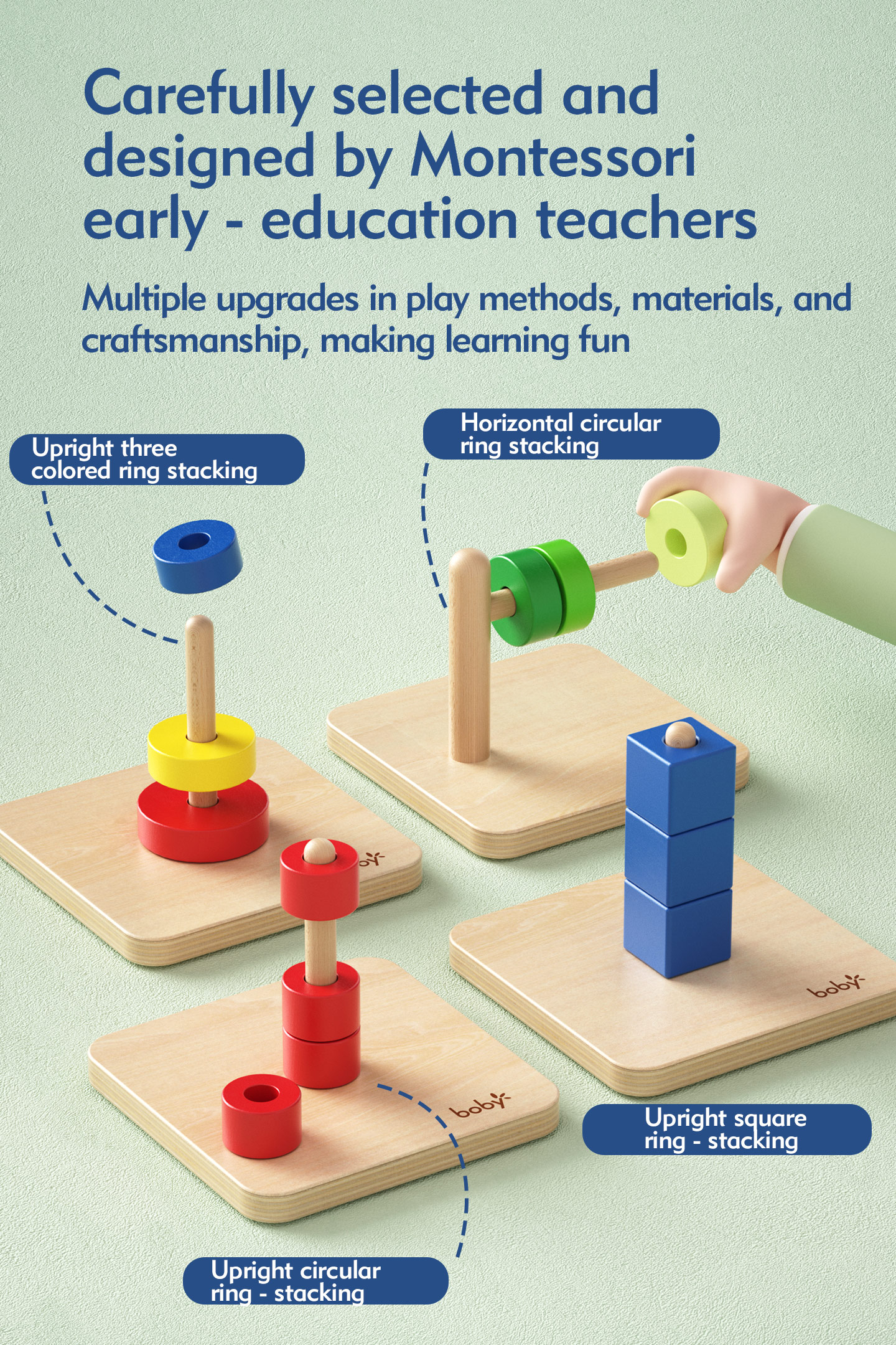 Montessori Wooden Educational Toys for Toddlers 1-3 Years Horizontal Disc Stacking Ring Toy