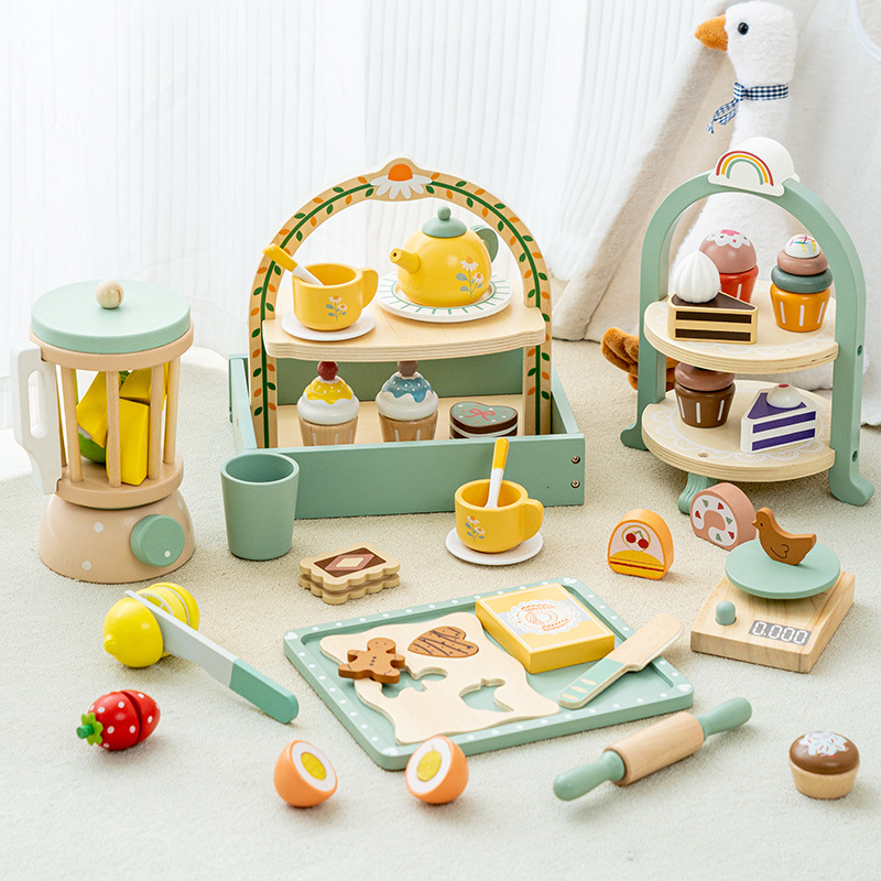 Children's Wooden Toy Pretend Play Afternoon Tea Shop with Coffee Machine and Dessert Role-Playing Store for Kids Boys Girls