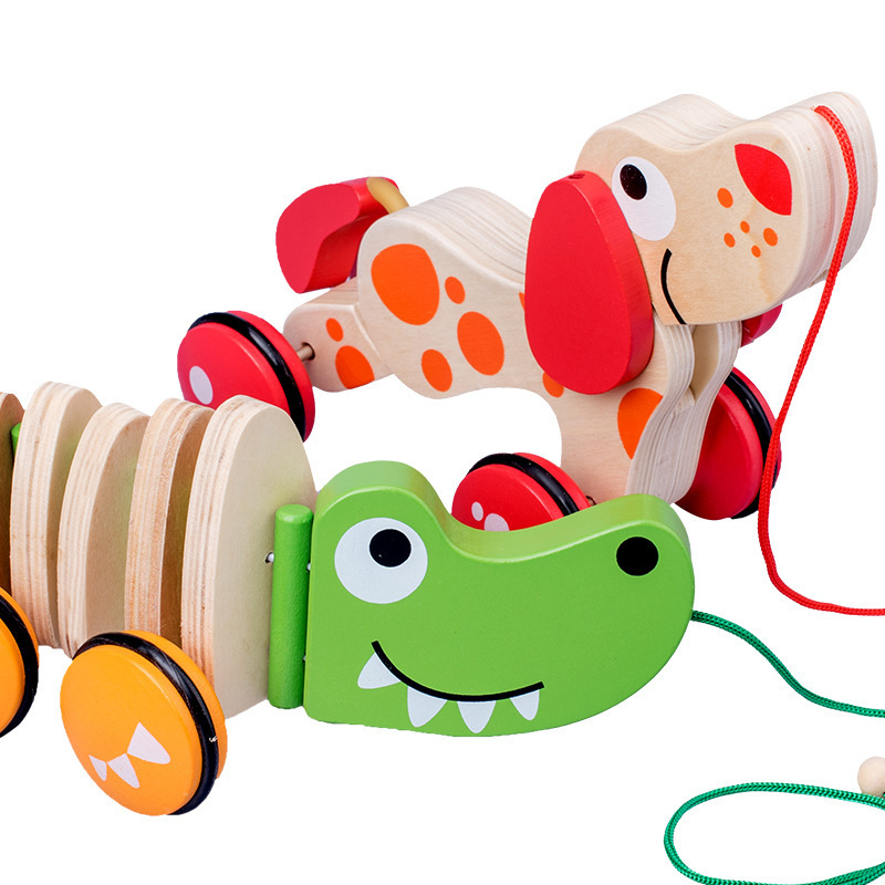 Children's Early Education Wood Rope Pulling Animal Crocodile Puppy Toddler Dragging Cart Funny Kids Animal Pull Car Toys