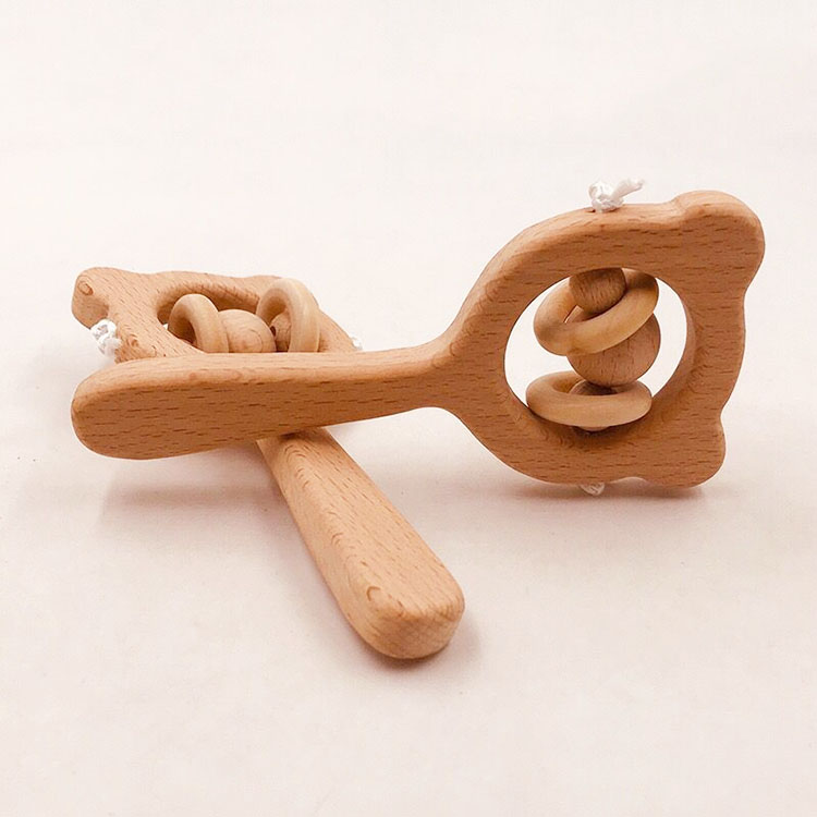 Hot Sale Baby Rattles Wooden Hand Bell Beech Wood Rattles Baby Toy