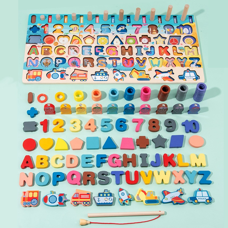 High and Long Wooden Multi-function Toddler Toys Activity Board 6 in 1 Montessori Wooden Games Preschool Wooden Toys Educational