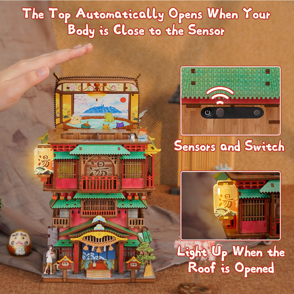 Tonecheer Onsen Saga Japanese Onsen Desktop Storage DIY 3D Wooden Dollhouse for Gift Store Home Decor Toy Shop