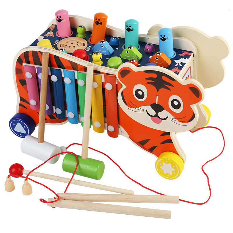 Montessori Educational Activity Toy 7 in 1 Wooden Pull Along Car Fishing Catching Music Hammer Pounding Toys for Kids Boys Girls