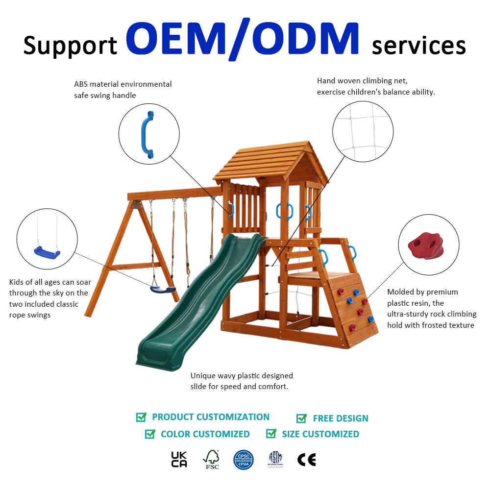 Children Wooden Outdoor Playground Climbing Frame Slide Kids Swing Set
