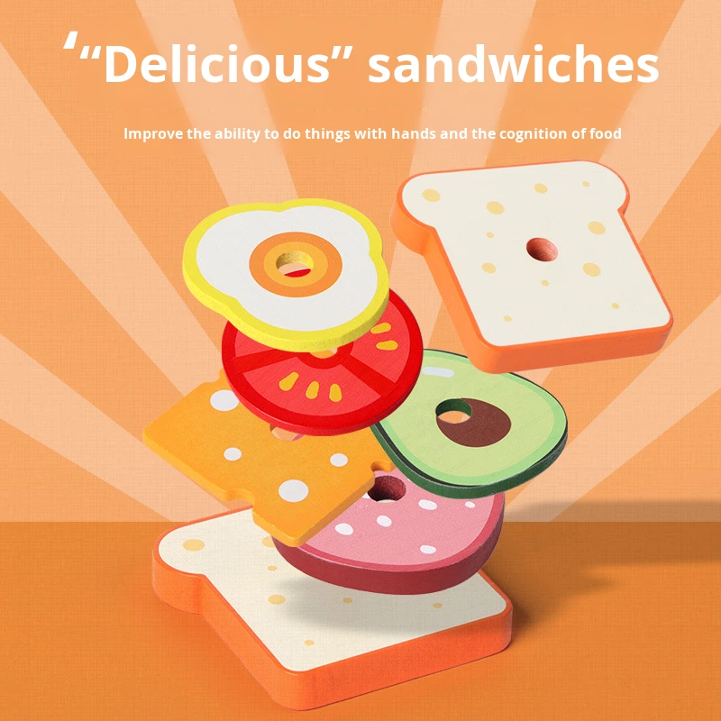 Cross-Border Wooden Children's Burger Fries Sandwich Set Column Matching Food Cutting Kitchen Toys 4-6 Years Old