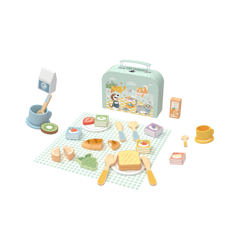 Wooden Kids Slice &amp; Share Picnic Basket Toys Pretend Play Kitchen Food Set Simulation Afternoon Tea Dessert Toys Gift
