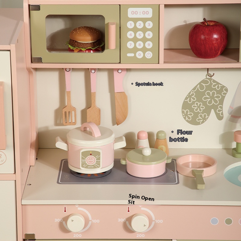 Unisex Customizable Pink &amp; Green Wooden Play Kitchen Set Kids' DIY Educational Toy Mini Cook Kitchen for Preschoolers
