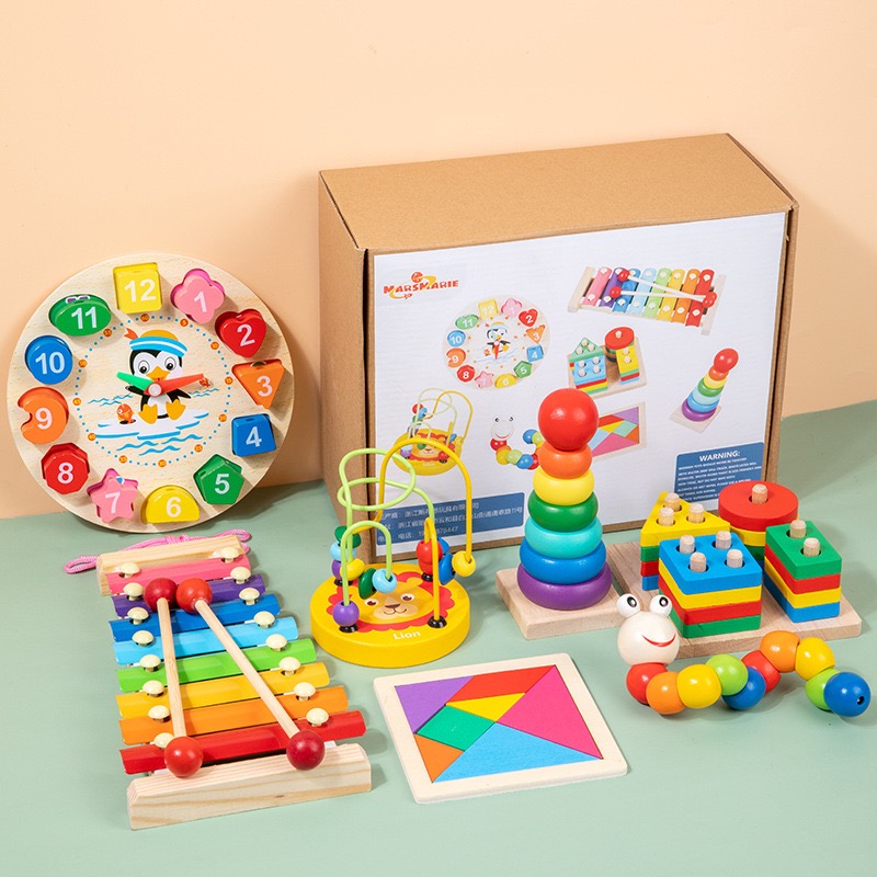 7 Pieces Montessori Collection Box Early Education Wooden Baby Intellectual Development Toys Music Funny Hand Knock Toy