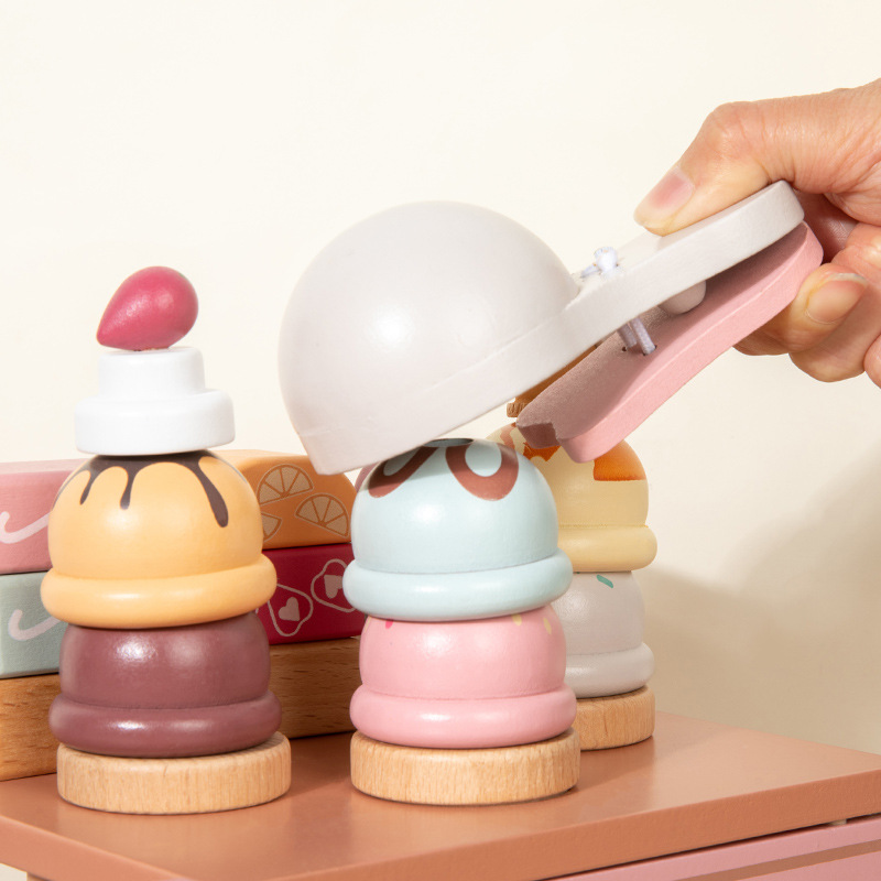 Wooden Ice Cream Truck Pull Along Toy for Toddlers Montessori Pretend Play Food Educational Wood Toy for Kids