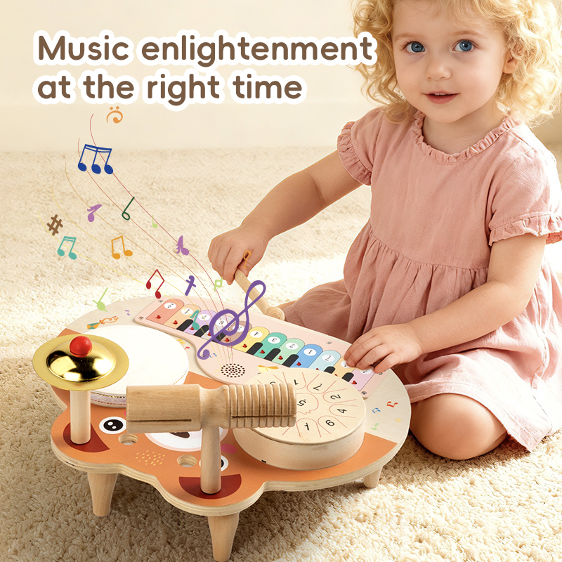 Qiaike Montessori Multifunctional 5 In 1 Music Station Baby Drum Kit Wooden Musical Instruments Toys With Drums Cymbals Piano