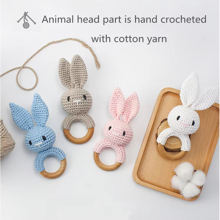 Newborn Baby Wooden Crochet Rattle Bunny Toy Teething Ring Gift Decor Wall Signs Wood Craft Box for Home Decor