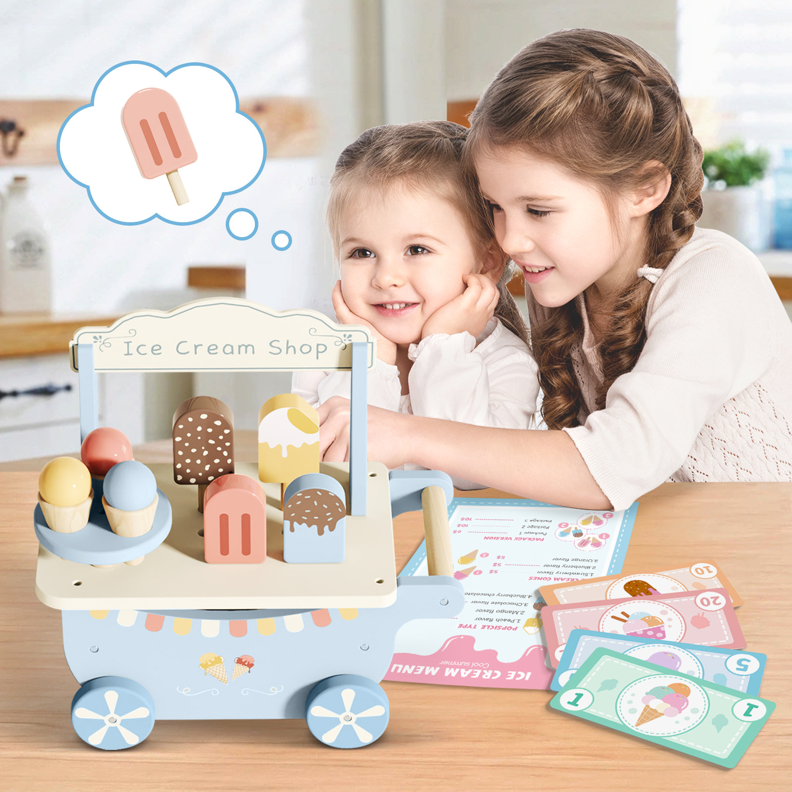 Children Wooden Ice Cream Shop Play to Learn Trolley Role Play Pretend Toy Kids Early Education Wooden Kitchen Toy