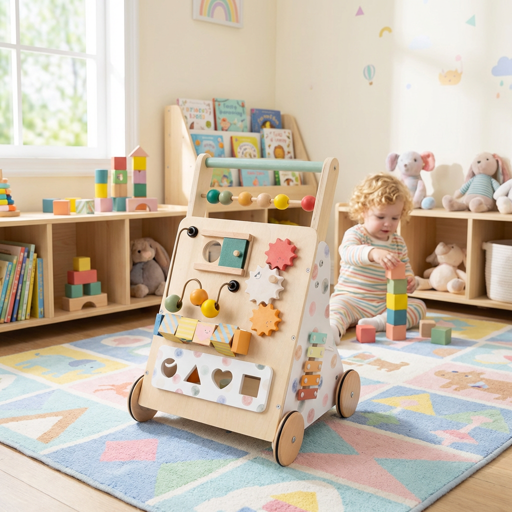 Qiaike Children's Wooden Montessori Activity Center Baby Walker Balance Walker Push Cart Toys for 0-3 Years Old 10KG Load
