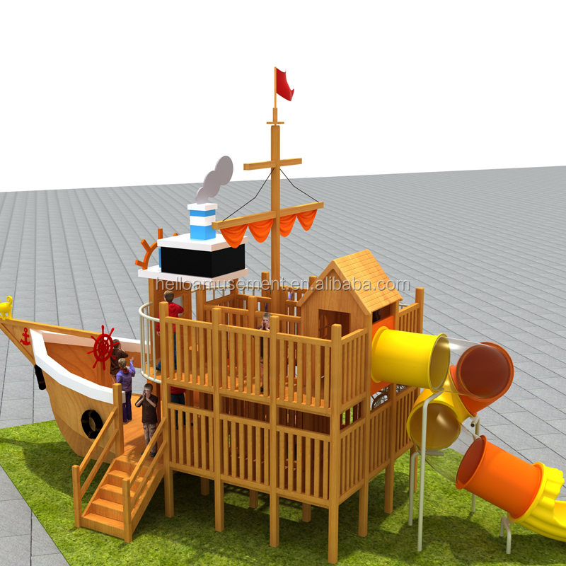 OEM Available Outdoor Park Big Slide Wooden Play Set Pirate Ship Playground