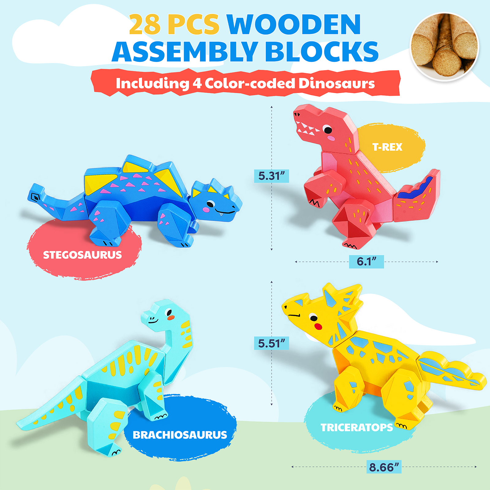 Joycat Wooden Children's Early Education Three-dimensional Animal Puzzle Baby Boys and Girls Puzzle Dinosaur Building Block Toys