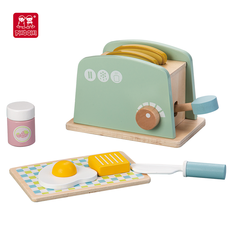 Children's Wood Pretend Play Preschool Kitchen Food Toy Toaster Play Set for Kids