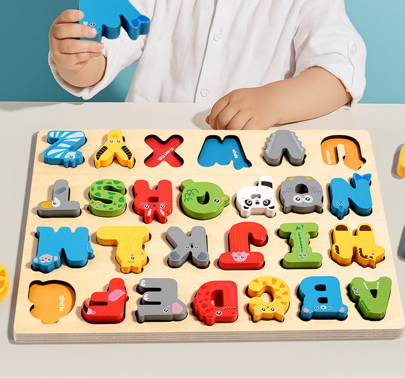 Children Wooden Puzzle Board Cartoon Number Alphabet Cognitive Color Shape Learning Puzzle Toy