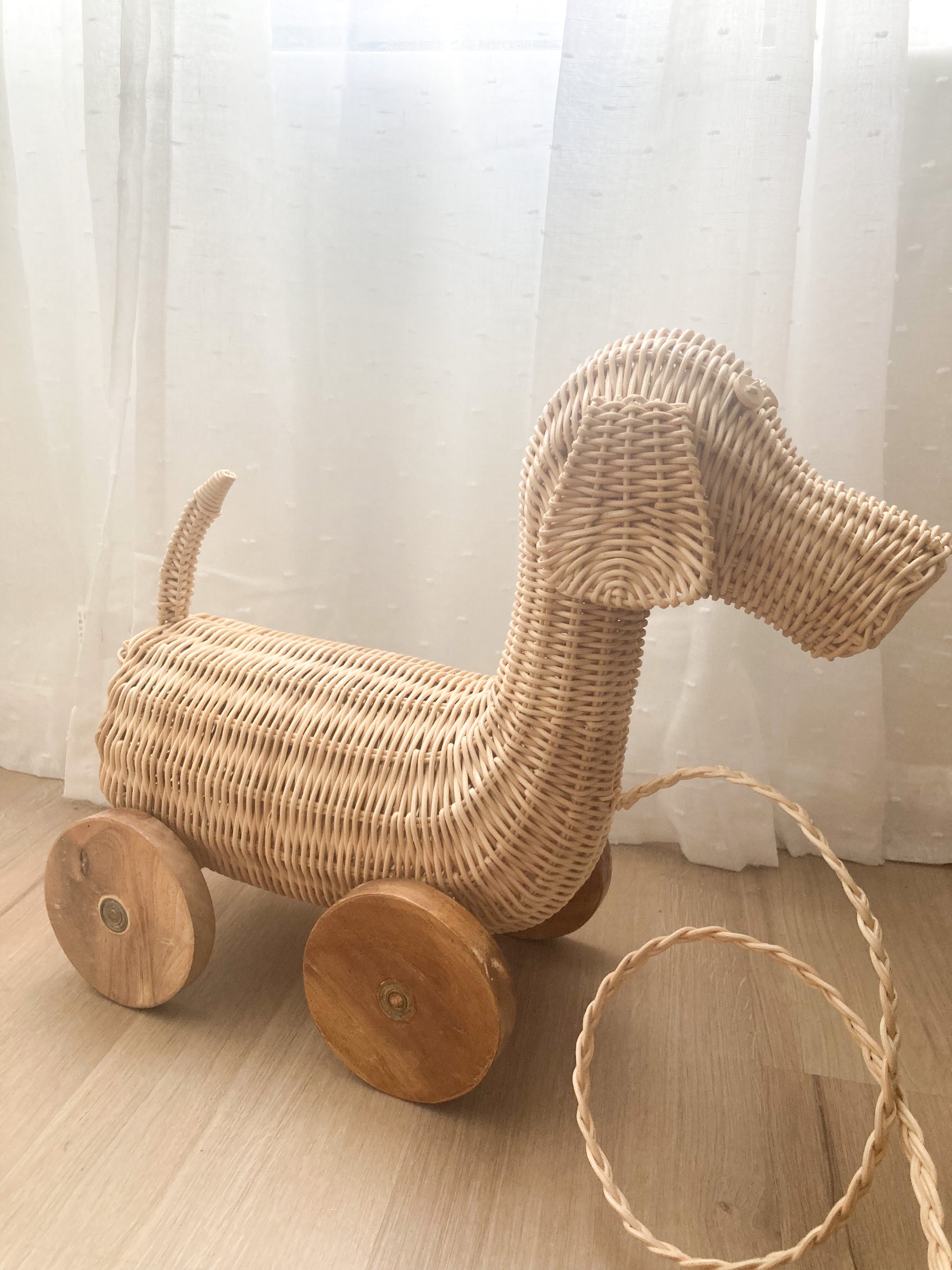 Playful Rattan Dog Pull Along Toy With Wooden Wheels Eco-friendly Durable Rattan Toys for Kids Suitable for Any Playroom