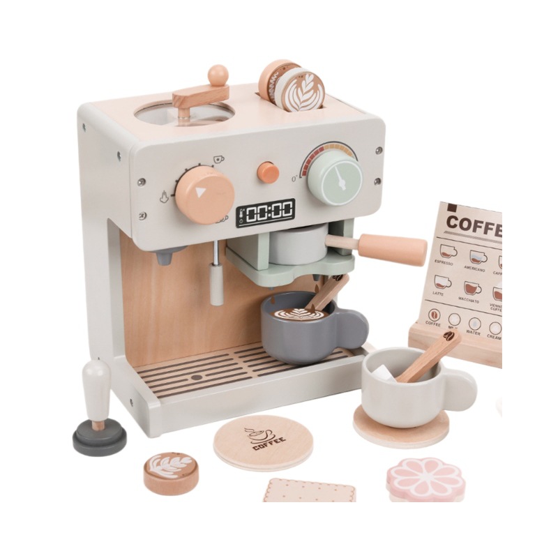 CE EN71 CPC Wooden Montessori Mini Pretend Play Coffee Machine Maker Play Set Box Kitchen/Food Toys for Kids