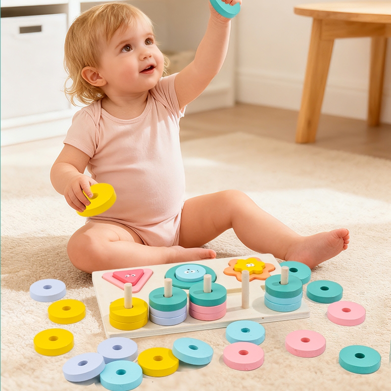 3 In 1 Wooden Stacker Colorful Shapes Sorter Blocks Fishing Game Wooden Table Toy For Children