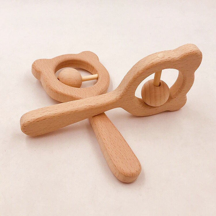 Hot Sale Baby Rattles Wooden Hand Bell Beech Wood Rattles Baby Toy
