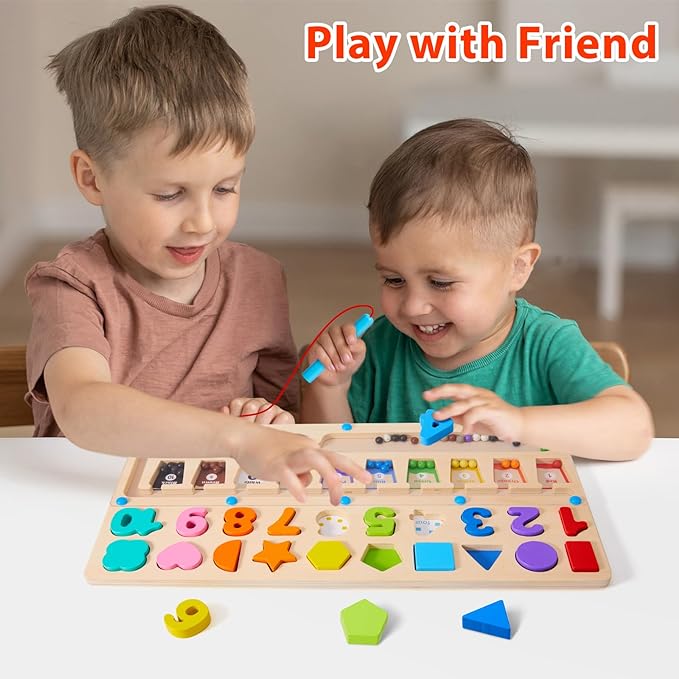 3-in -1 Montessori Toy 3 Years Old, Educational Magnetic Colors, Numbers Maze, Shapes and Numbers Wooden Puzzle Sorting Toy