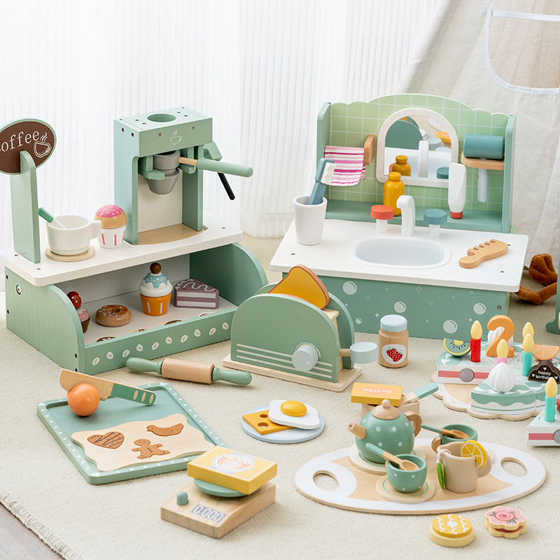 Children's Wooden Toy Pretend Play Afternoon Tea Shop with Coffee Machine and Dessert Role-Playing Store for Kids Boys Girls