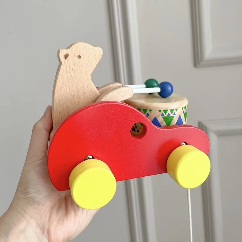 2025 Cute Bear Knocking Drum Walk Along Puppy Pull Boys Girls Wooden Walking Pull Dog Toy for Baby