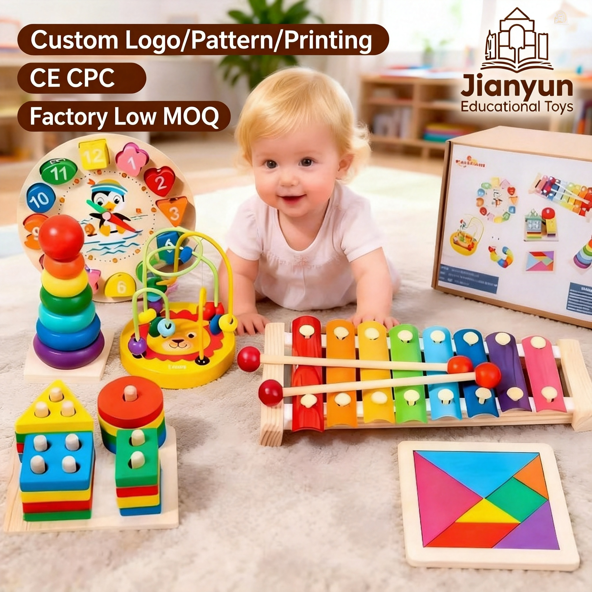 Customized Wooden Baby Intellectual Development Toys Music Xylophone Funny Hand Knock Montessori Education Toy Set for Kids