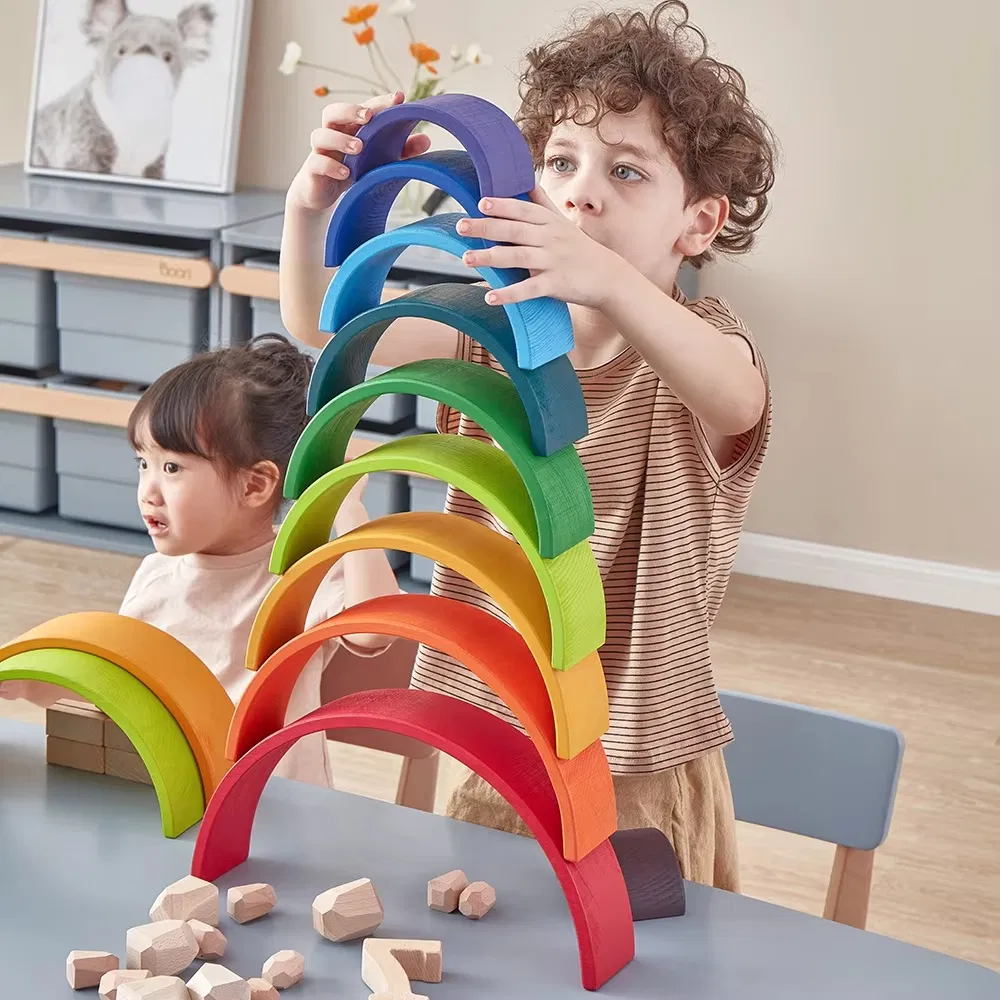Children's DIY Wooden Construction Building Blocks Educational Rainbow Toy for Kids