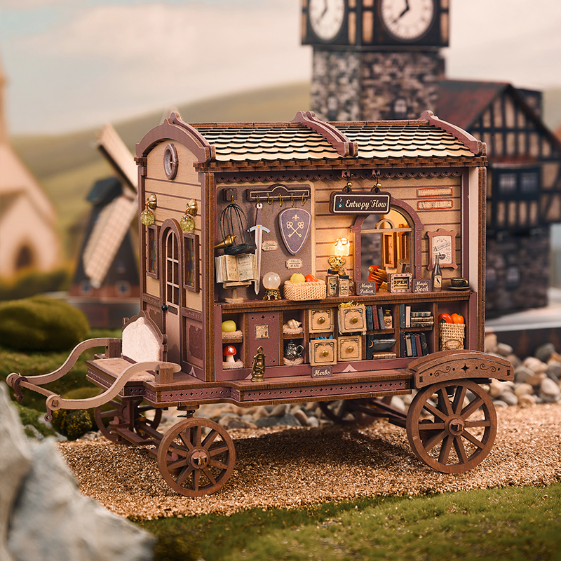 IIECREATE New Arrival Miniature House Kit Wooden Dollhouse K-1084 Entropy's Flow DIY Carriage for Adult