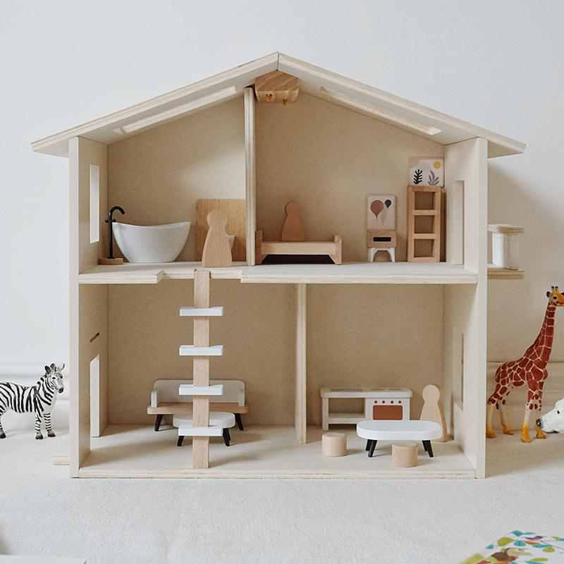 DIY Nordic Style Wooden Pretend Play Role House With Furniture Wooden Doll Play House for Kids