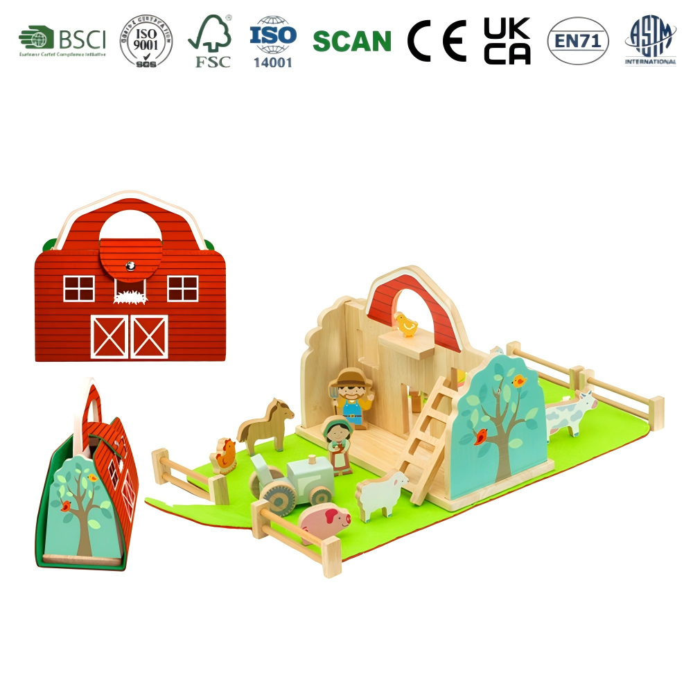 Wooden Carry Along Farm Toy Set for Toddlers Portable Foldable with Barn Farm Animals Figures Pretend Play Playsets