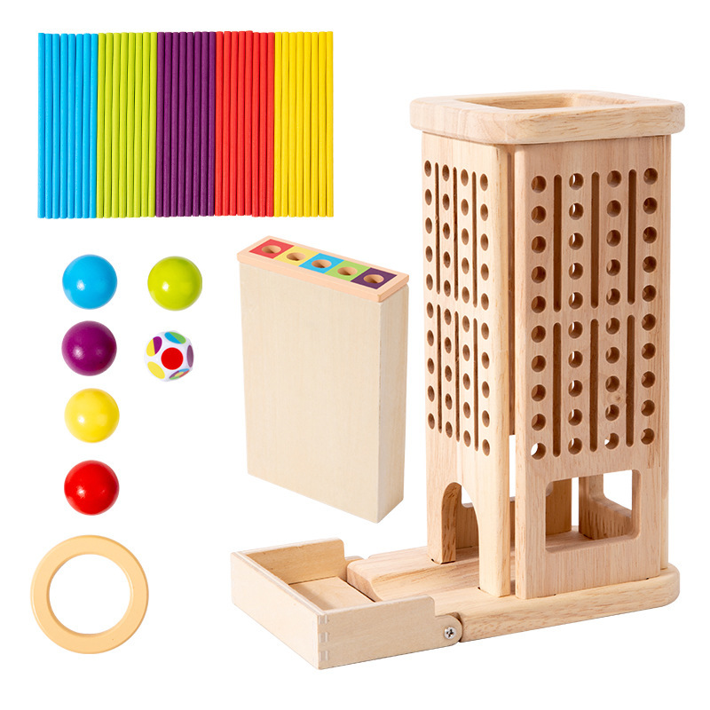 Early Education Children's Three-in-One Stacking Game Baby Stick-Pulling Color Sorting Ball-Throwing Montessori Wooden Toy for