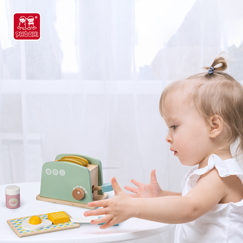 Children's Wood Pretend Play Preschool Kitchen Food Toy Toaster Play Set for Kids