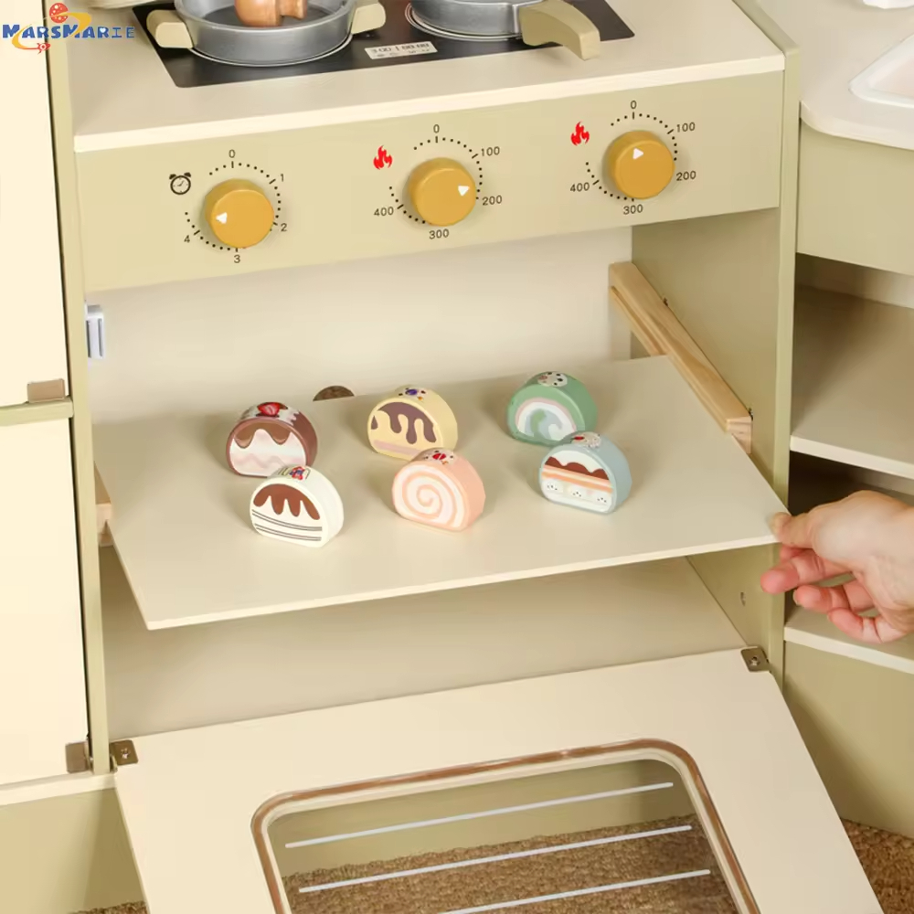 Kid Kitchen Toddler Wooden MDF Pretend Cooking Set with Microwave Role Playing Educational Toy for Child Boy Girl
