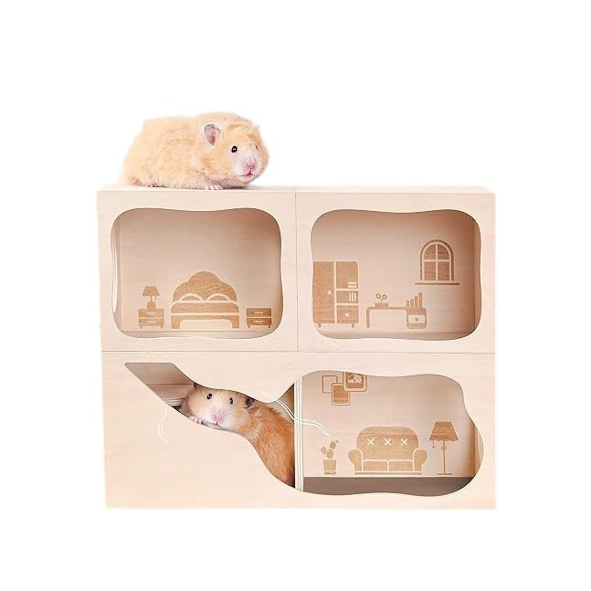 Hamster Hideout Eco-friendly Wooden Rectangle House Small Animals Tunnel Exploring Toys for Dwarf Hamsters Syrian Hamsters