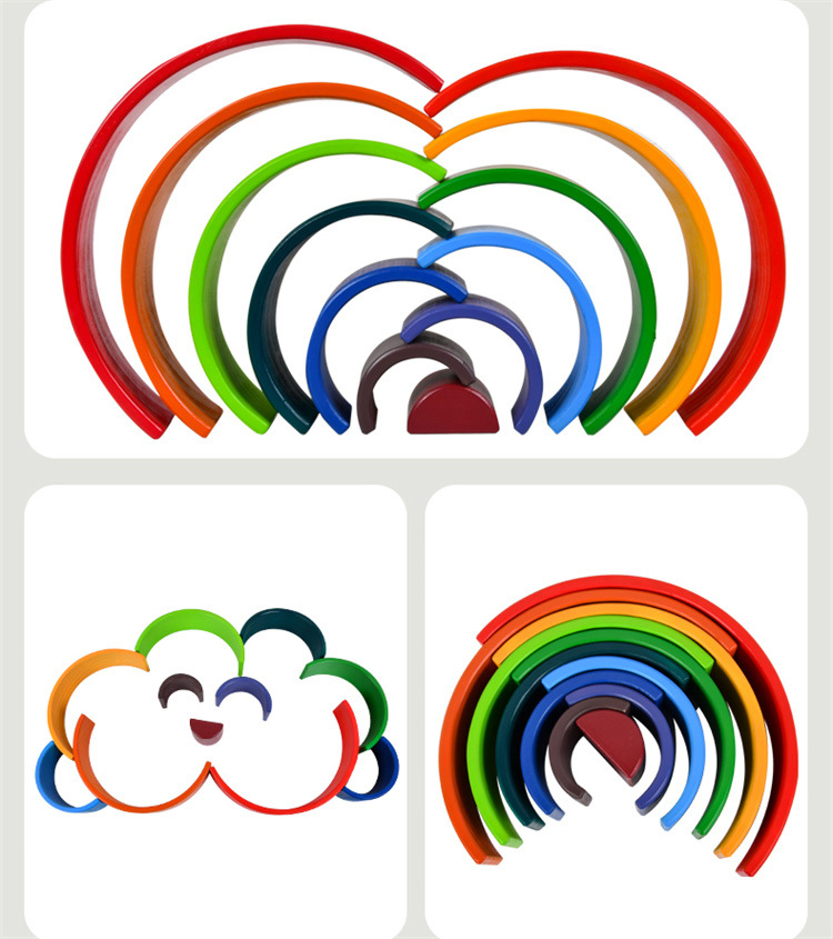 EMA Montessori Kids Wooden Rainbow Building Blocks for Creative Arch Stacking Nesting Toys
