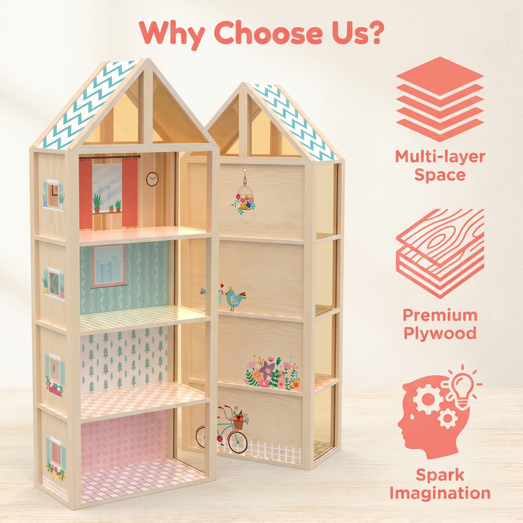 Wooden 4-layers Open Dollhouse Toy with Themed Interior Decoration Kids Pretend Play Role-Playing Toy for Toddlers