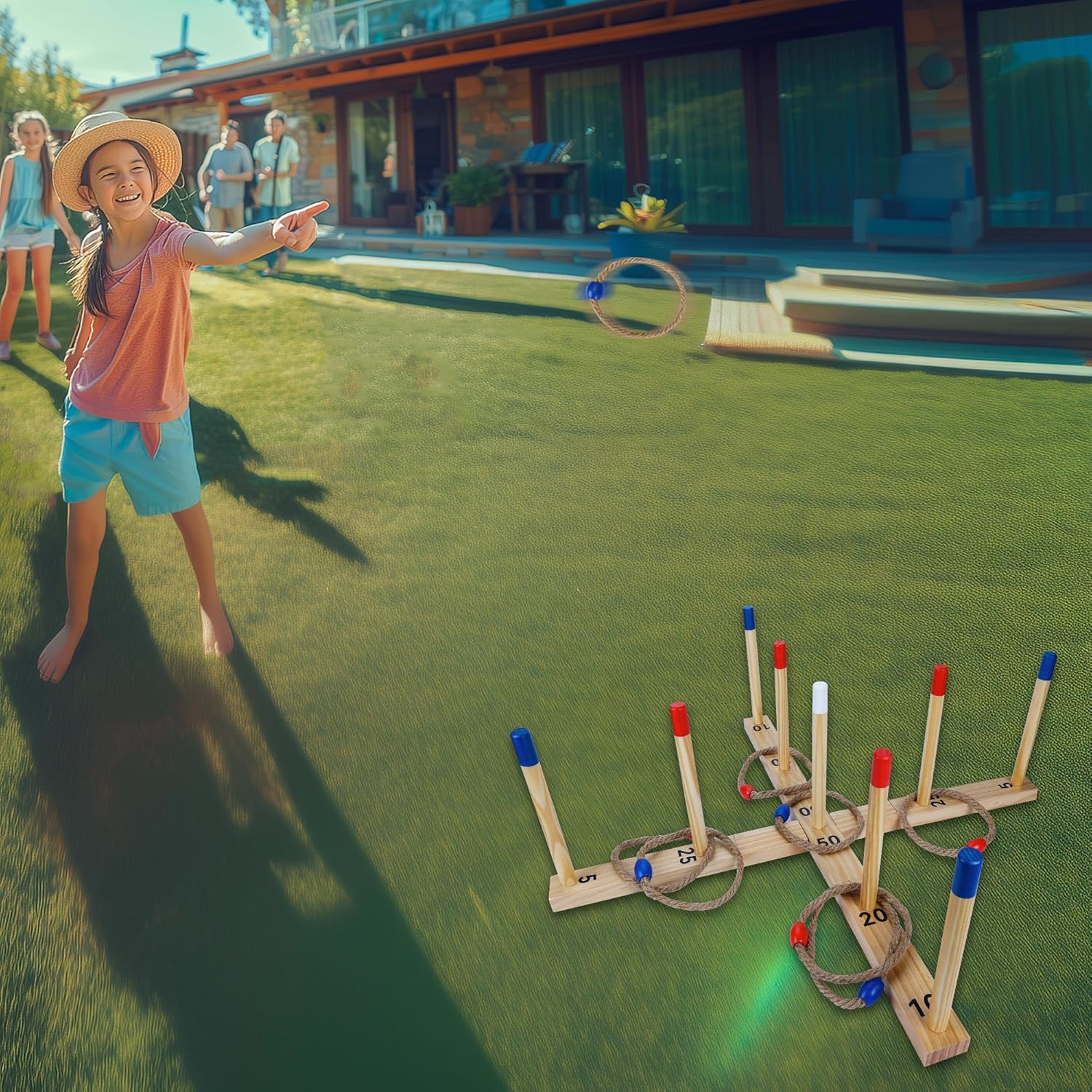 Wooden Ring Toss Game Outdoor Fun with 9 Poles 10 Rings and Carrying Bag Easy to Set Up Carry Portable Yard Games Toys