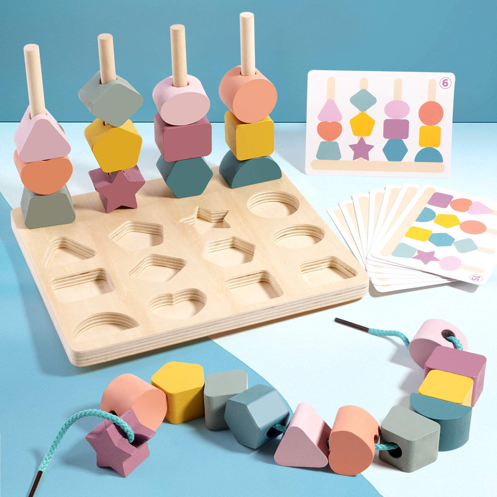 Montessori Children Wooden Macaron Building Block Sets Shape Cognition Stacking Match Games Baby Diy Toys for Kids Boys Girls
