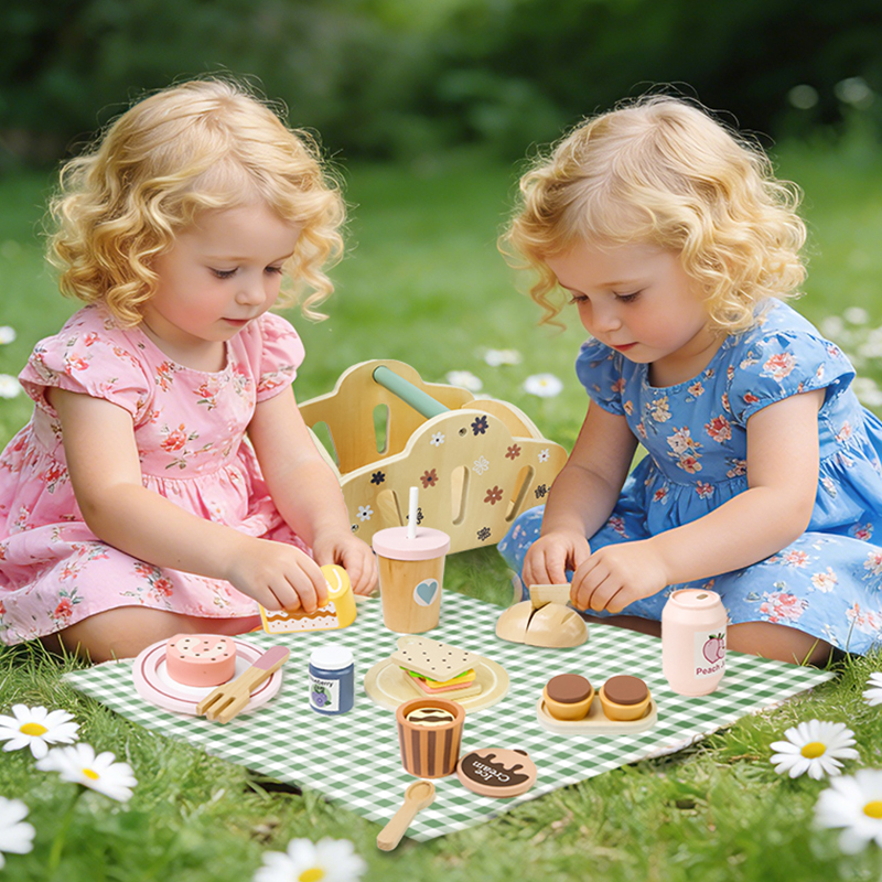 Youlebei Montessori Wooden Picnic Children's Pretend Play Food Set Basket Educational Outdoor Toy 3-8 Years Unisex Sample