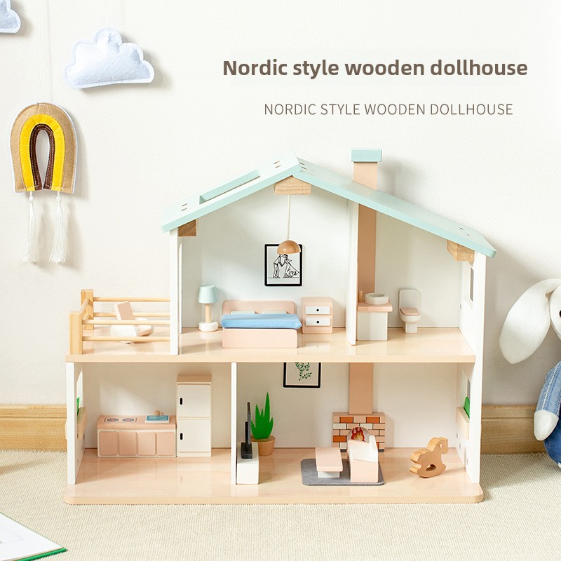 Interactive Wooden Dollhouse for Kids Children's Pretend Play Furniture Baby Simulation Villa Parent-Child Assembly Toy