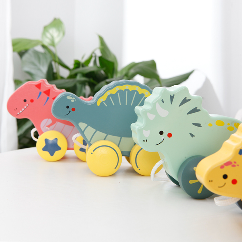 Wooden Cartoon Animal Dinosaur Montessori Rope Along Shape Toy Early Educational Creative Kid Push/pull Toys Walkers
