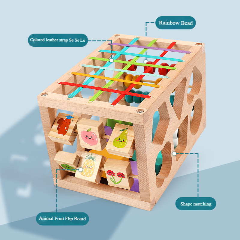 Children's Rainbow Busy Box Puzzle Preschool Beech Wood Educational Toy Shape Matching Color Cognition Multi-functional Playing