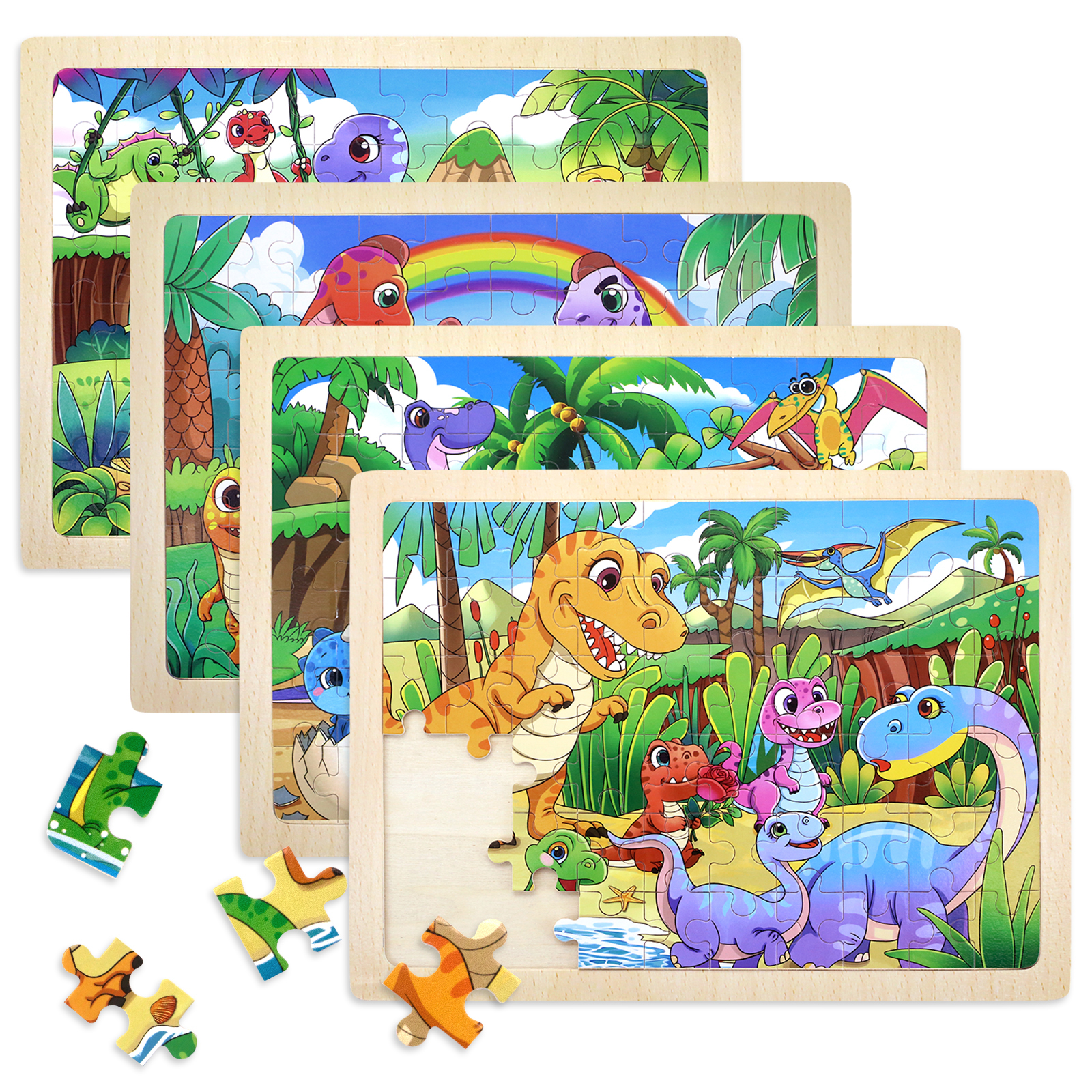 Wholesale 60 Pieces Dinosaur Wooden Puzzle Board 4 in 1 Jigsaw Puzzles Montessori Educational Learning Toys for Kids Toddlers