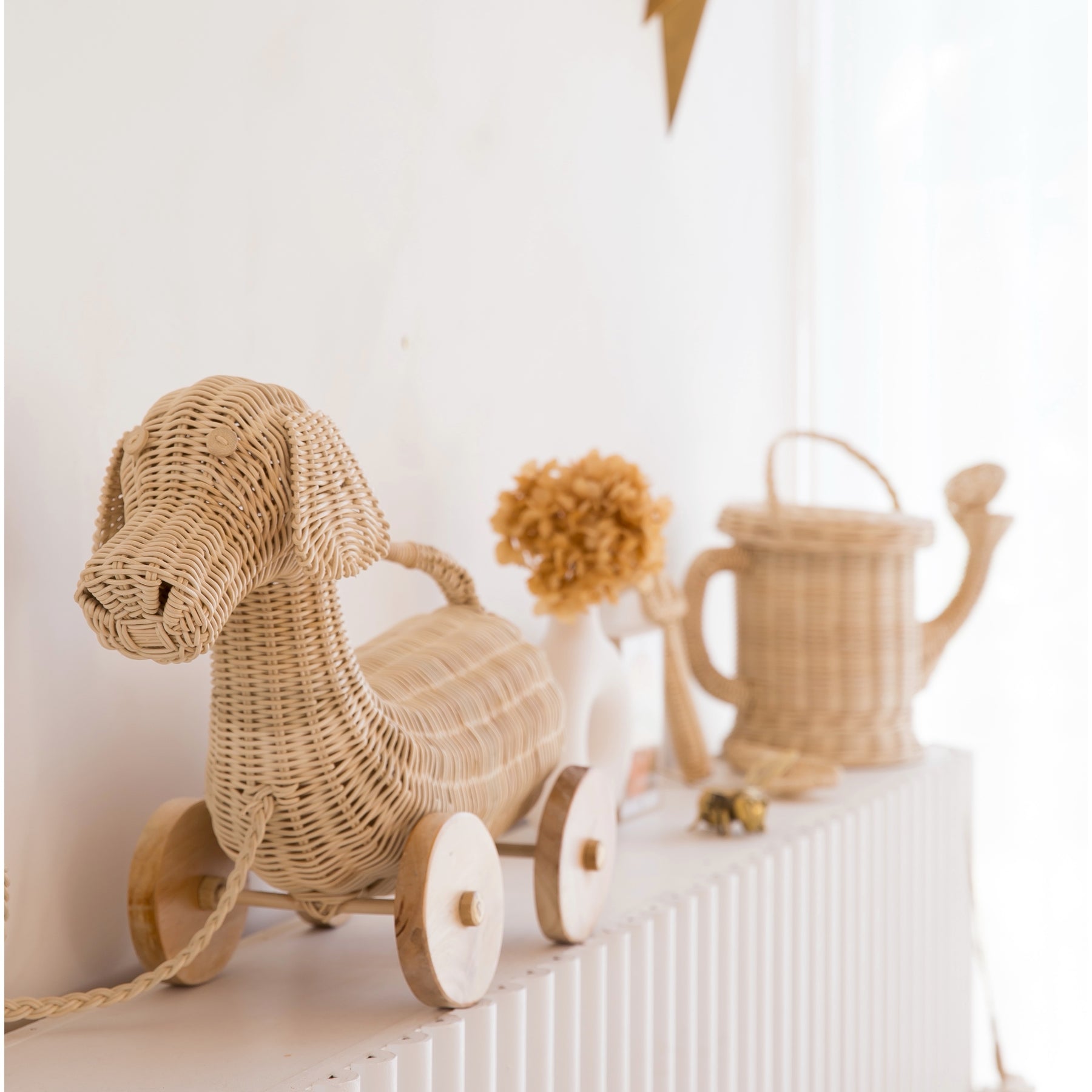 Playful Rattan Dog Pull Along Toy With Wooden Wheels Eco-friendly Durable Rattan Toys for Kids Suitable for Any Playroom